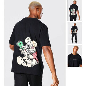 BOOHOO MAN Black Crew Neck Evil Teddy Graphic T-Shirt Size Medium -Oversized